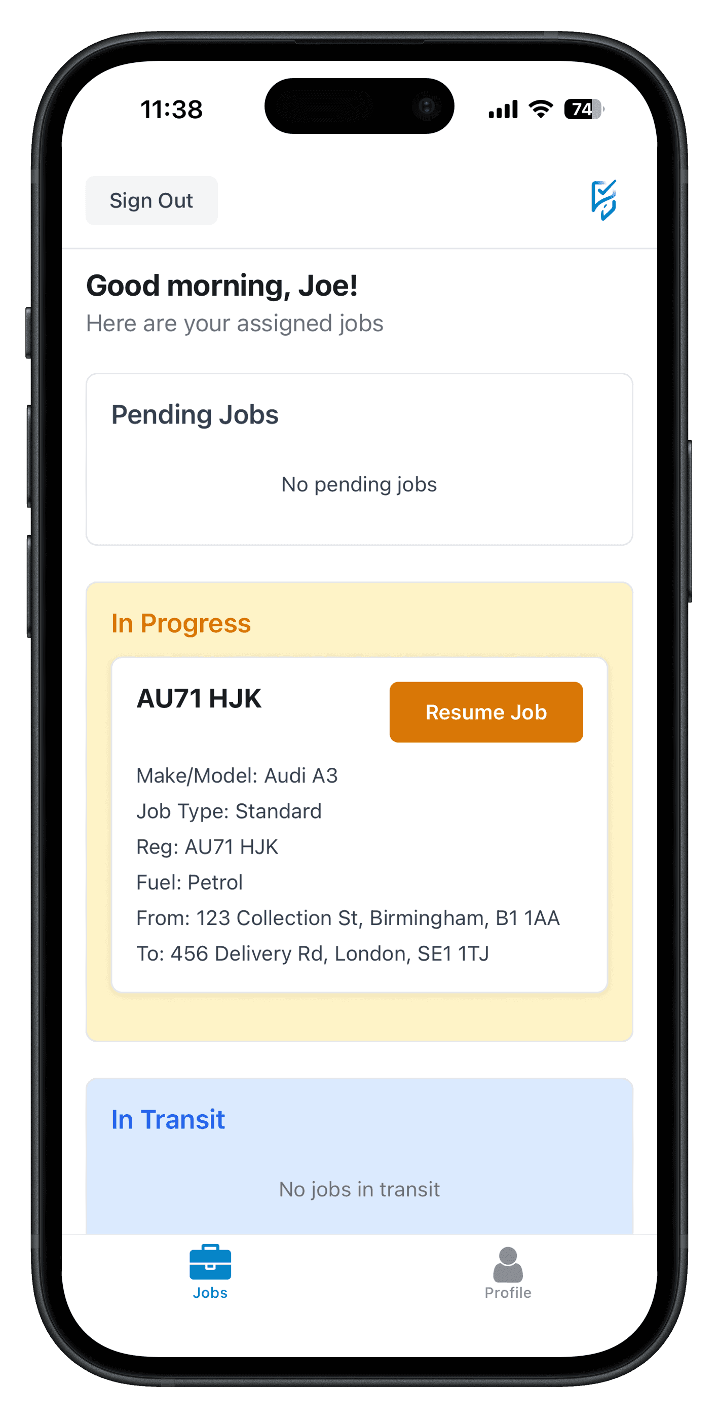 DriveTrack mobile app job overview screen