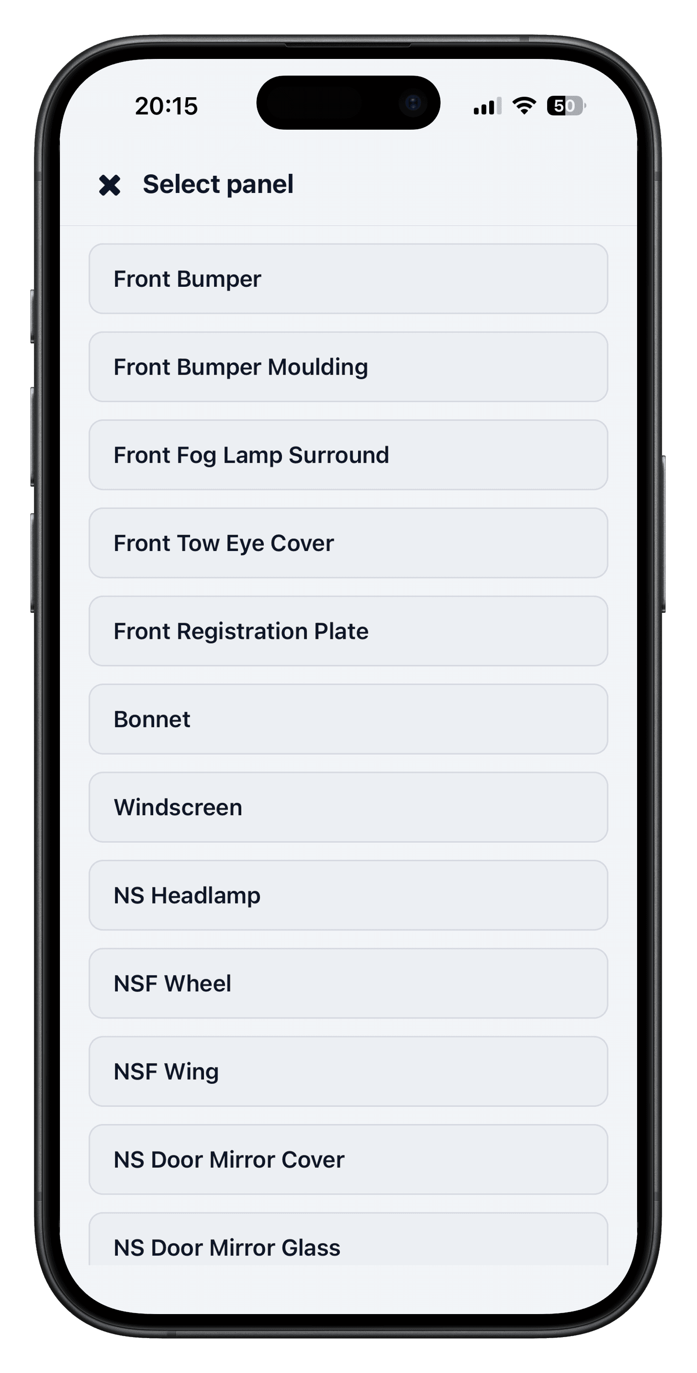 DriveTrack Mobile vehicle panel selection screen