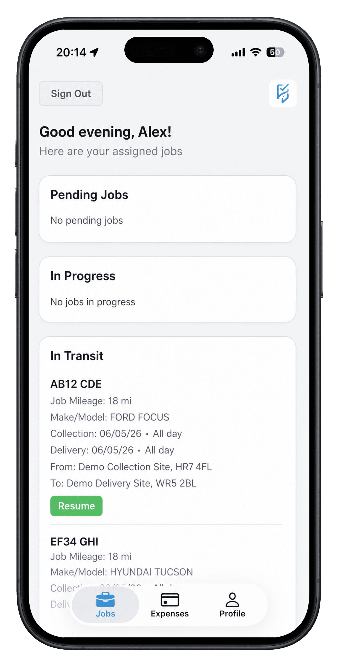 DriveTrack driver app jobs list