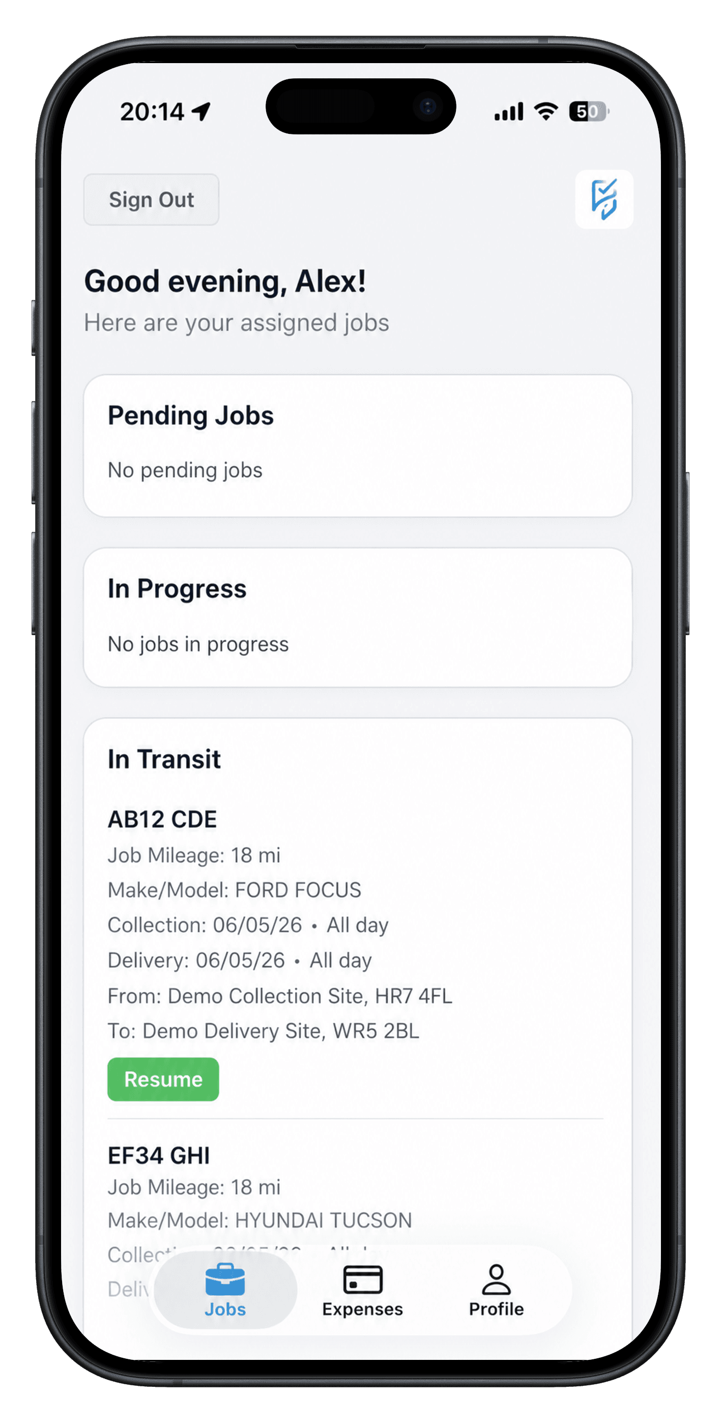 DriveTrack Mobile assigned jobs screen