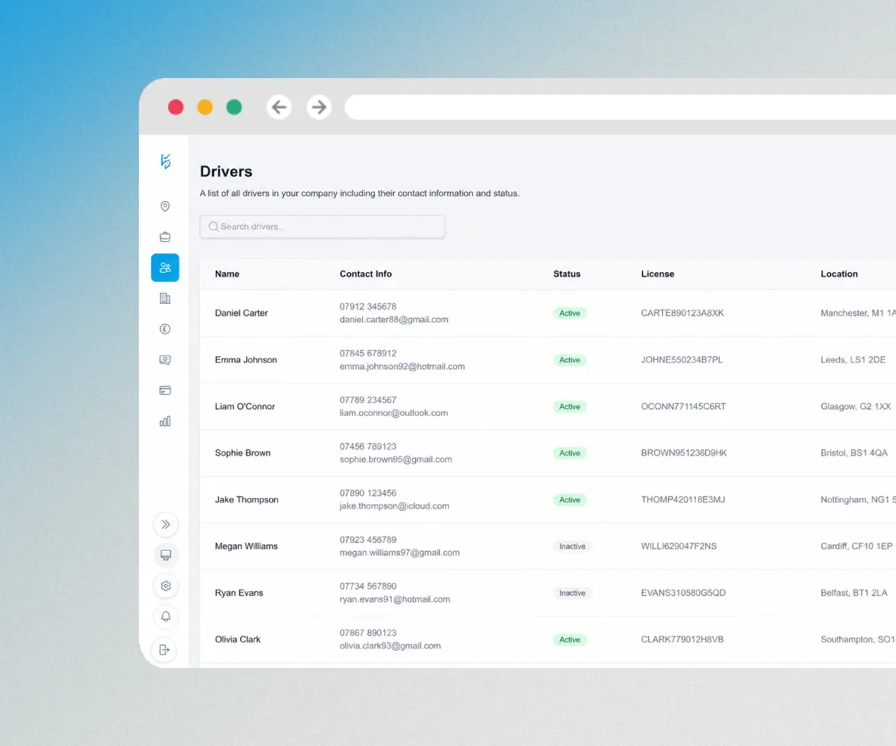 DriveTrack drivers table with contact, status, licence, and location columns