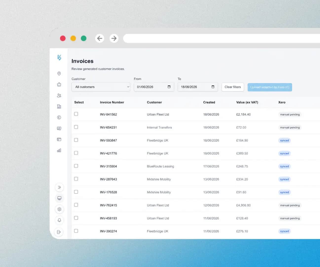 DriveTrack invoices list with customer filters, dates, values, and Xero status