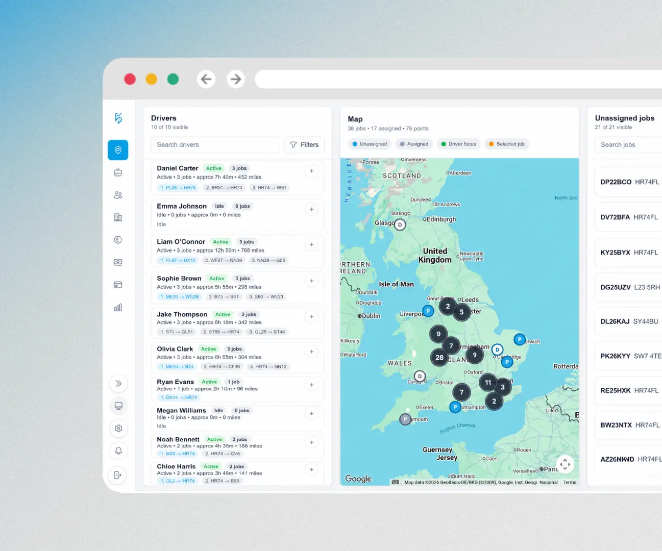DriveTrack planning workspace with driver list, UK map, and unassigned jobs