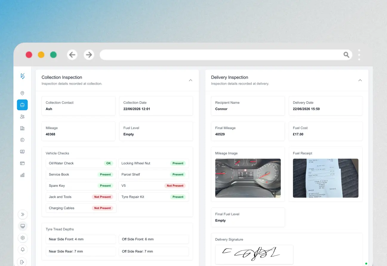 DriveTrack collection and delivery inspection details with checks, receipt image, mileage, and signature