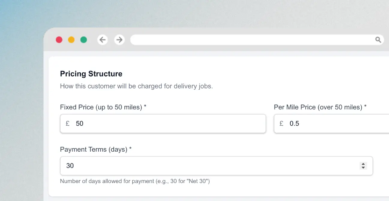 DriveTrack pricing structure settings with fixed price, per mile price, and payment terms